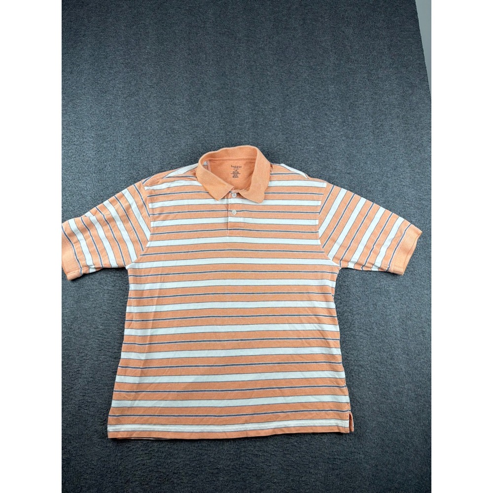 Haggar Polo Shirt Mens Large Orange Striped Short Sleeve Cotton Pique Casual